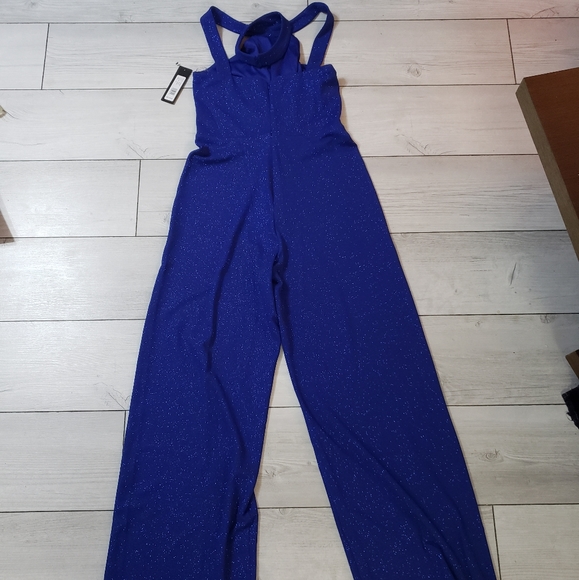 Bebe High Neck Sparkling Jumpsuit Cobalt Blue - Picture 5 of 9